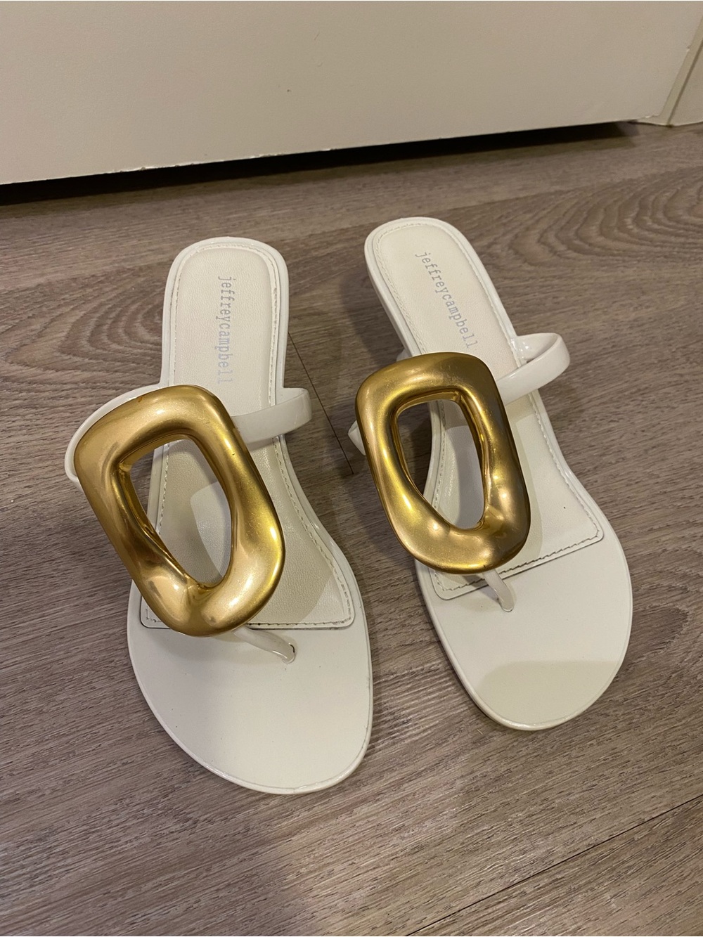 Jeffrey Campbell White & Gold Kitten Heel Sandals